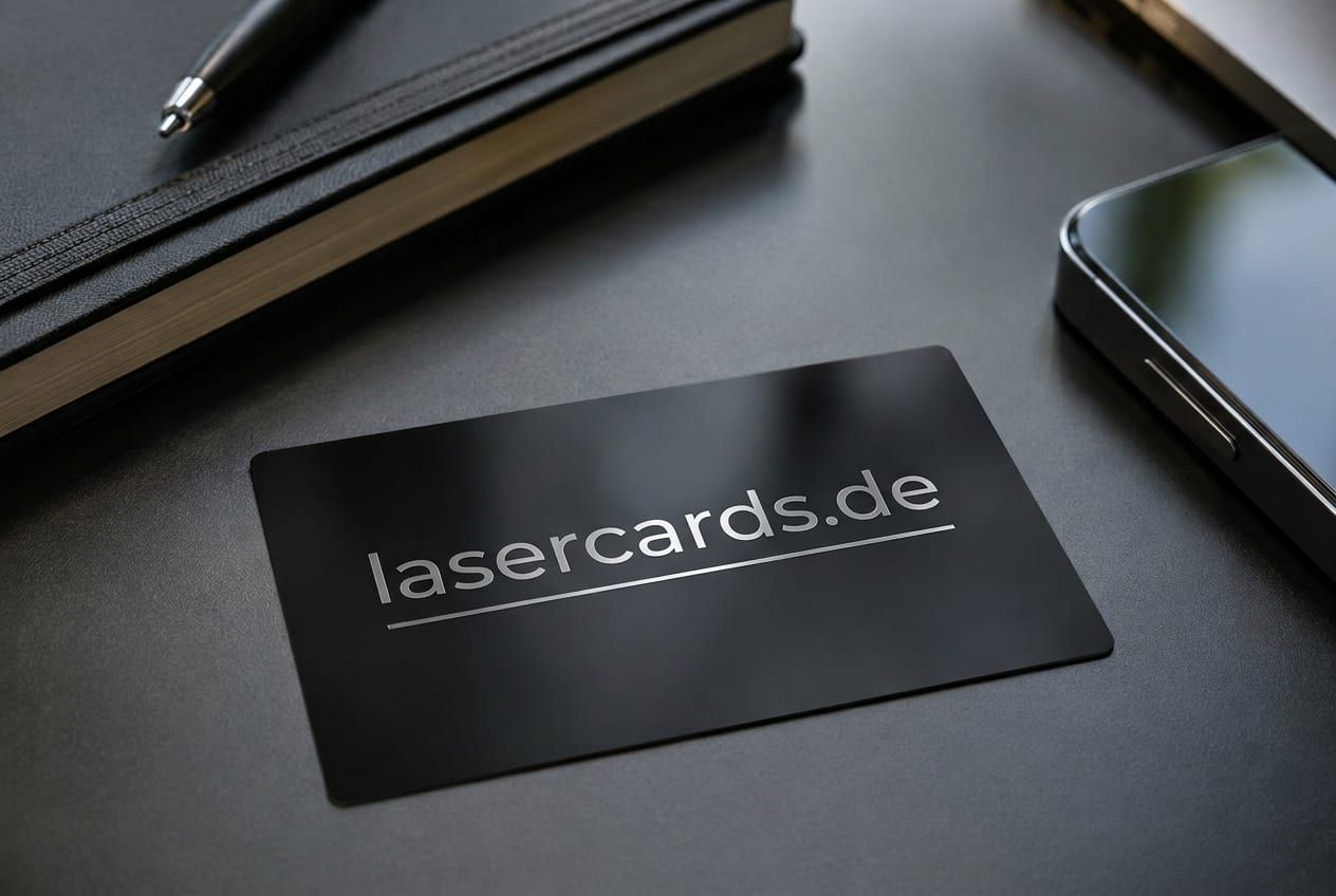 Black aluminum business card with silver laser engraving